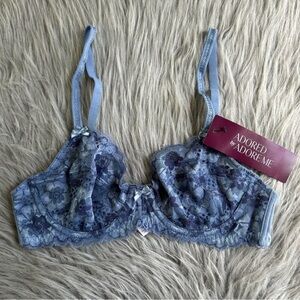 Adored By‎ Adore Me Sheer Bra Womens Size 32B Blue Floral Unlined Underwire